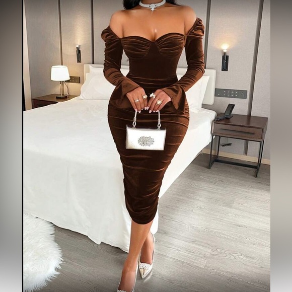 Elegant Dark Brown Velvet Dress - Picture 5 of 6